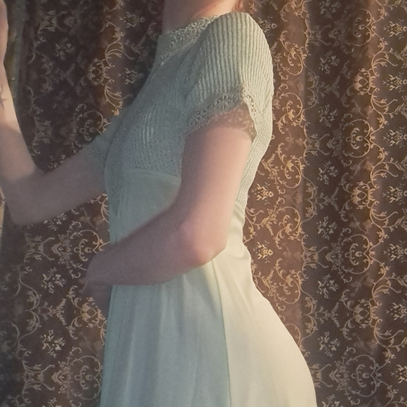 Vintage 70s Maxi Prom Dress Seafoam Pastel Green Lace trim babydoll Flare - Picture 10 of 12